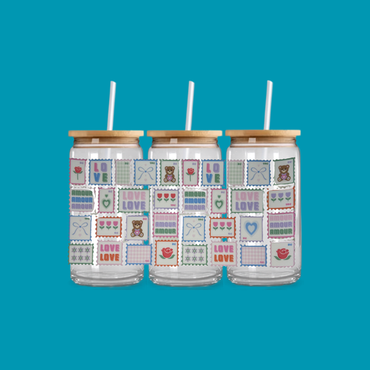 CUTE POSTAGE STAMP GLASS CAN TUMBLER