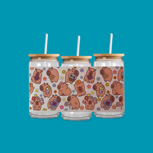 CAPYBARA FLORAL GLASS CAN TUMBLER