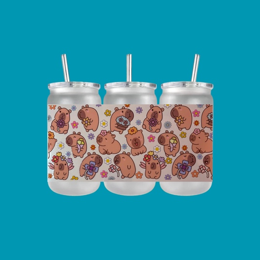 CAPYBARA FLORAL PLASTIC FROSTED CAN TUMBLER